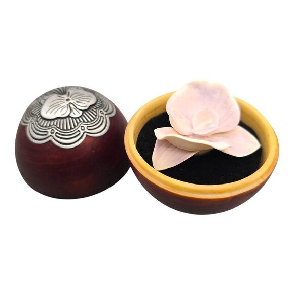 Retired Partylite Wooden Ball Diffuser Holder With Porcelain Orchid Metal Detail - Picture 9 of 13